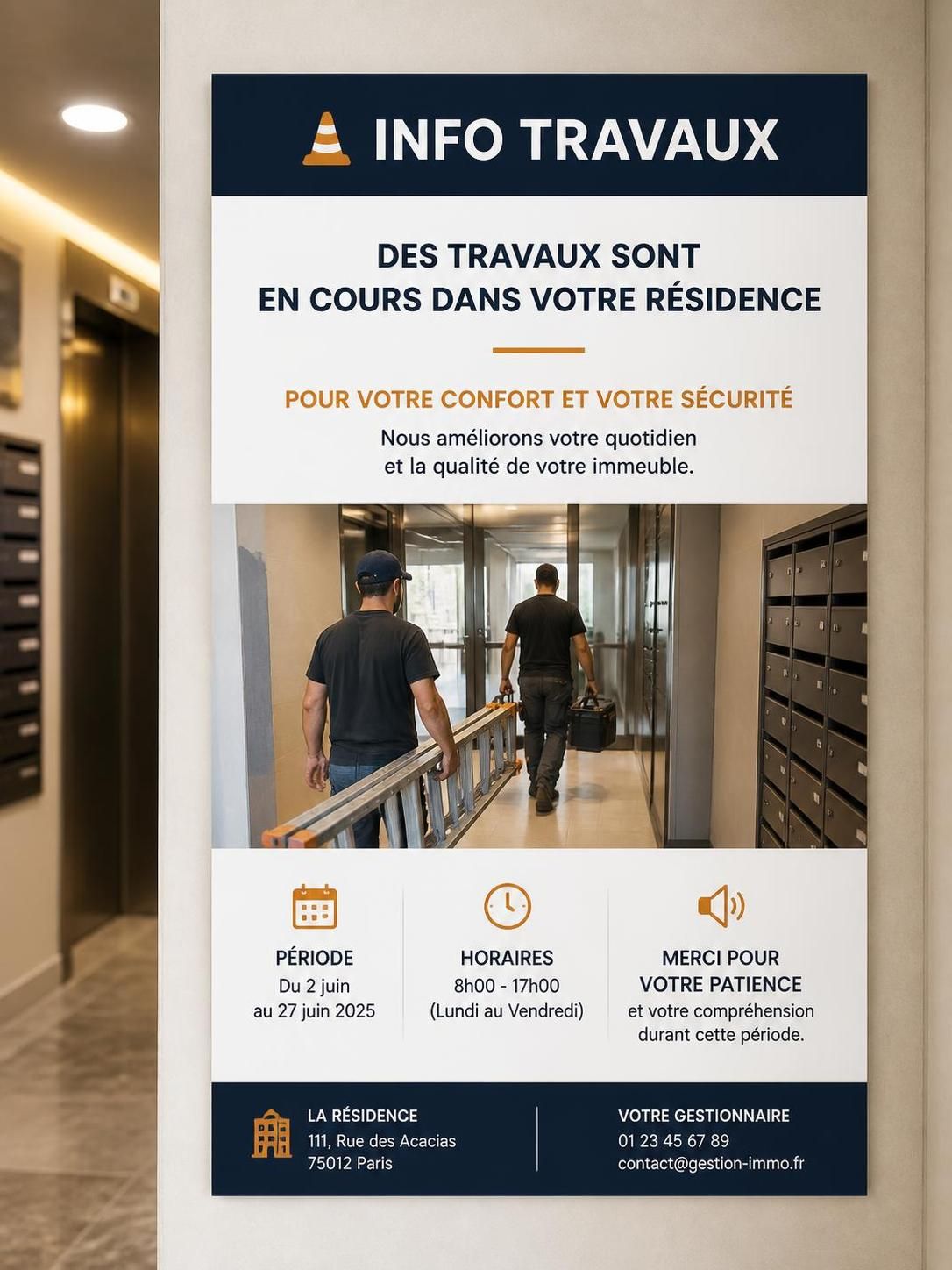 téléchargez des modèles d'affiches pour informer sur les travaux dans un immeuble ou une copropriété. exemples pratiques et personnalisables disponibles.